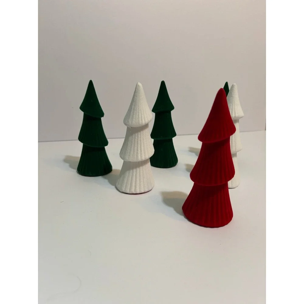 Set of 6 Flocked Xmas Trees Decorative Tabletop Holiday Decor Red White Green